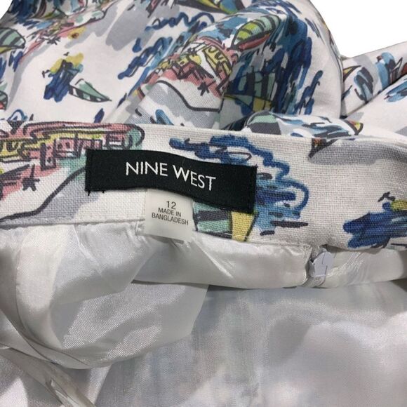 NINE WEST Linen Cotton Pencil Skirt Pockets Sailing Boat Artwork Women 12 NWT - Picture 9 of 12